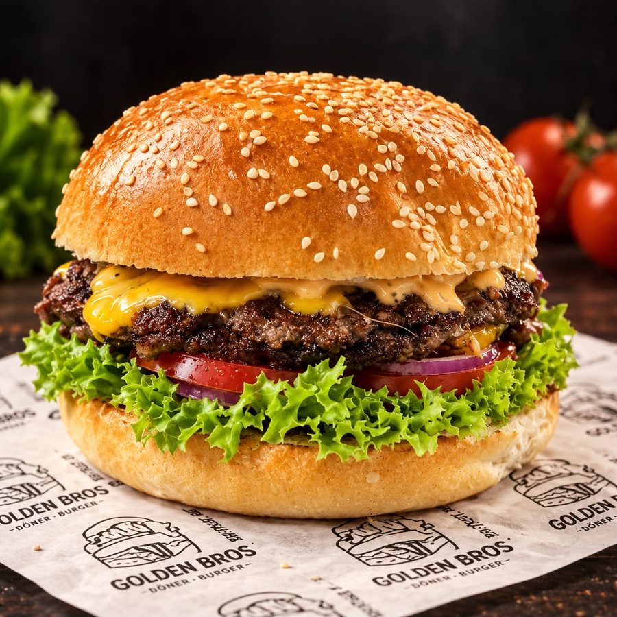 Smash Burger mit Cheddar, Tomate, roten Zwiebeln und Salat im Sesambrötchen